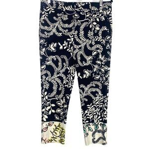 Zara Straight Leg Floral Two Toned Crop Pants Contrast Hem Pockets 8 Black White